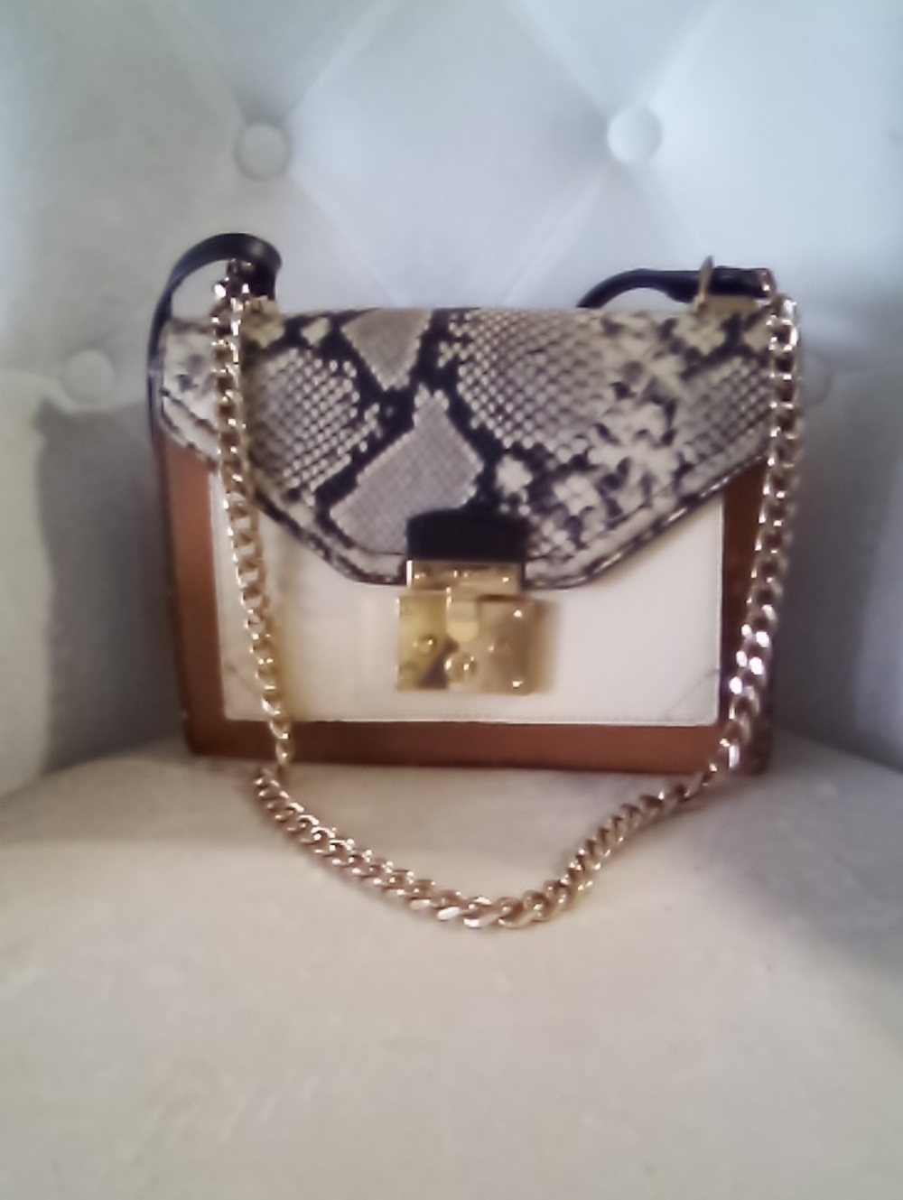 Aldo Snake-Print Flap Crossbody in White, Brown & Black